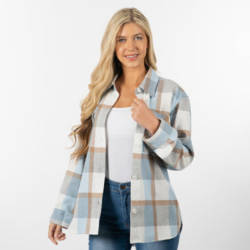Buy white-blue Split Coast Flannel "Comfy" Shacket